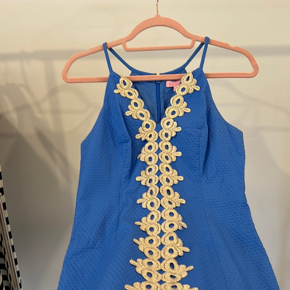 Lilly Pulitzer mini shift dress with gold embroidered work in royal blue.